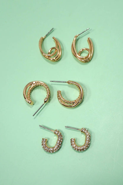 TRIO HUGGIE HOOP RHINESTONE TITANIUM POST EARRINGS | 80E5807: GOLD