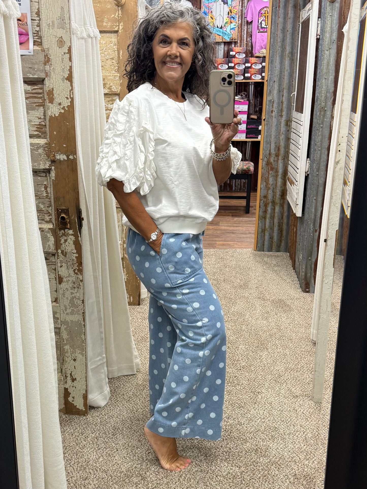 Denim Polka Dot Denim Wide Leg Pants