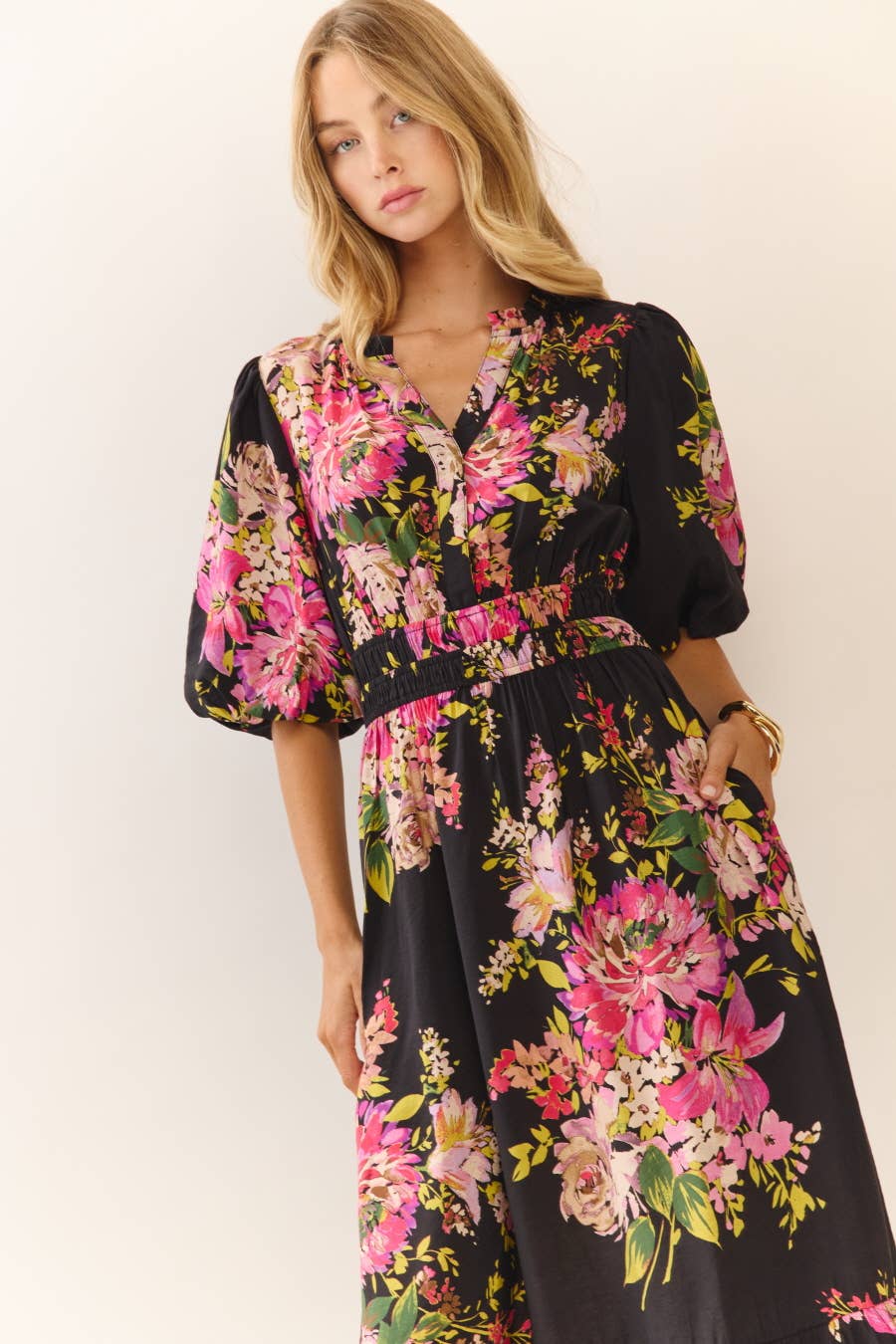 Black Floral Print Midi Dress