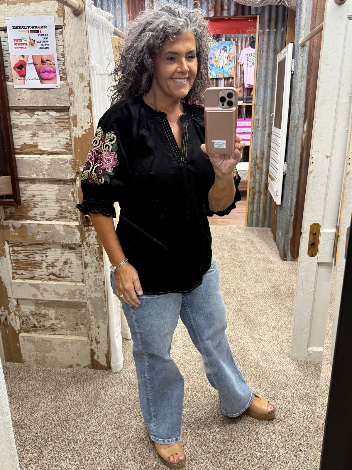 UMGEE Black Embroidered Sleeve Corduroy Blouse