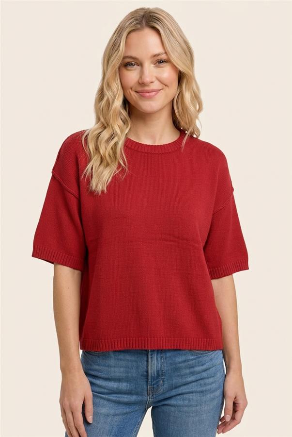 Staccato Raw Edge Boxy Half Sleeve Sweater - Red