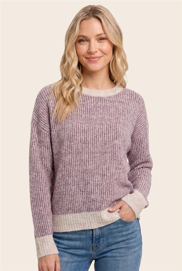 Staccato Two-Tone Rib Textured Crew Neck Sweater - Berry