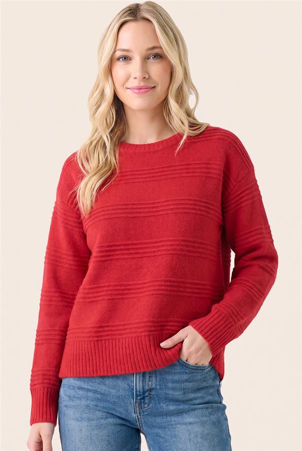 Staccato Pintuck Striped Fuzzy Crew Neck Sweater - Red