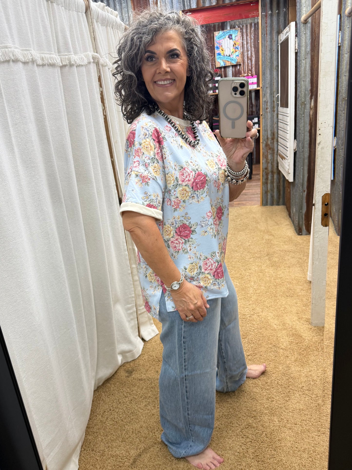 Short Sleeve Blue Oversized Loose Fit Floral Knit Top