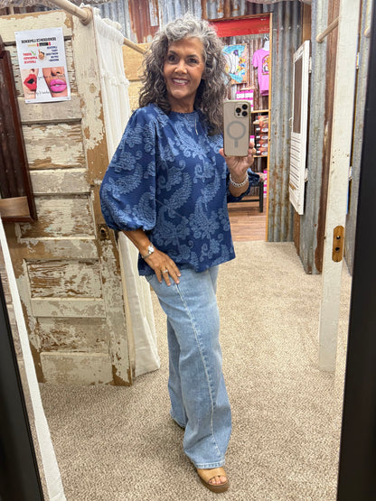 UMGEE Navy Paisley Textured Puff Sleeve Blouse