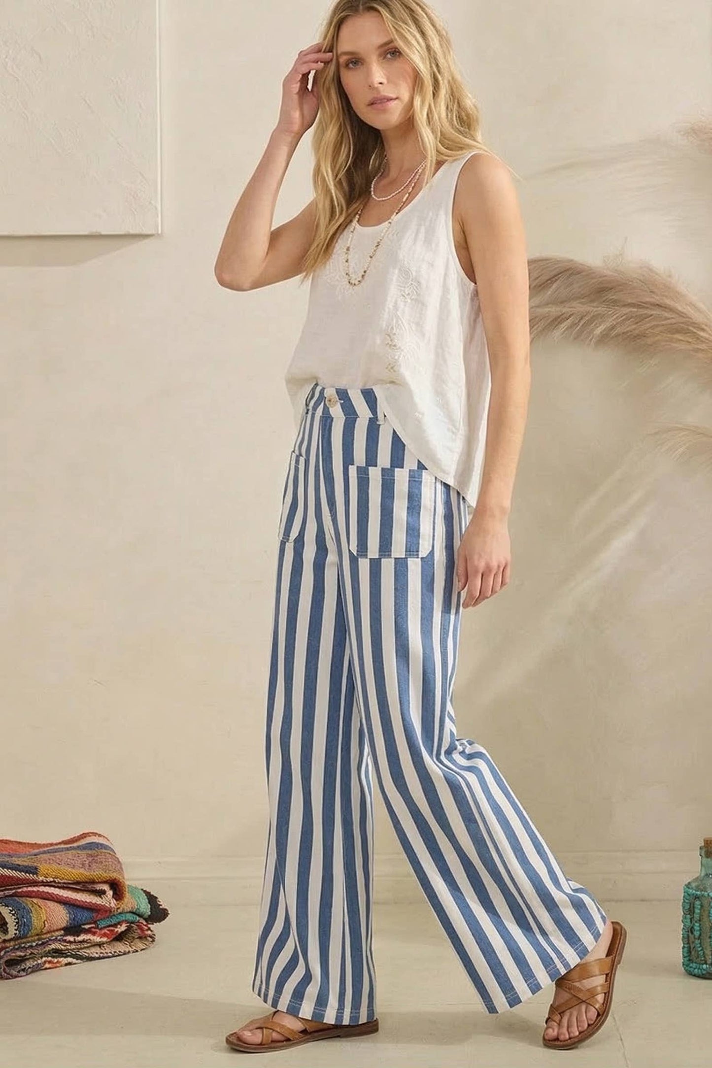 Striped Wide Leg Denim Pants: BLUE/WHITE
