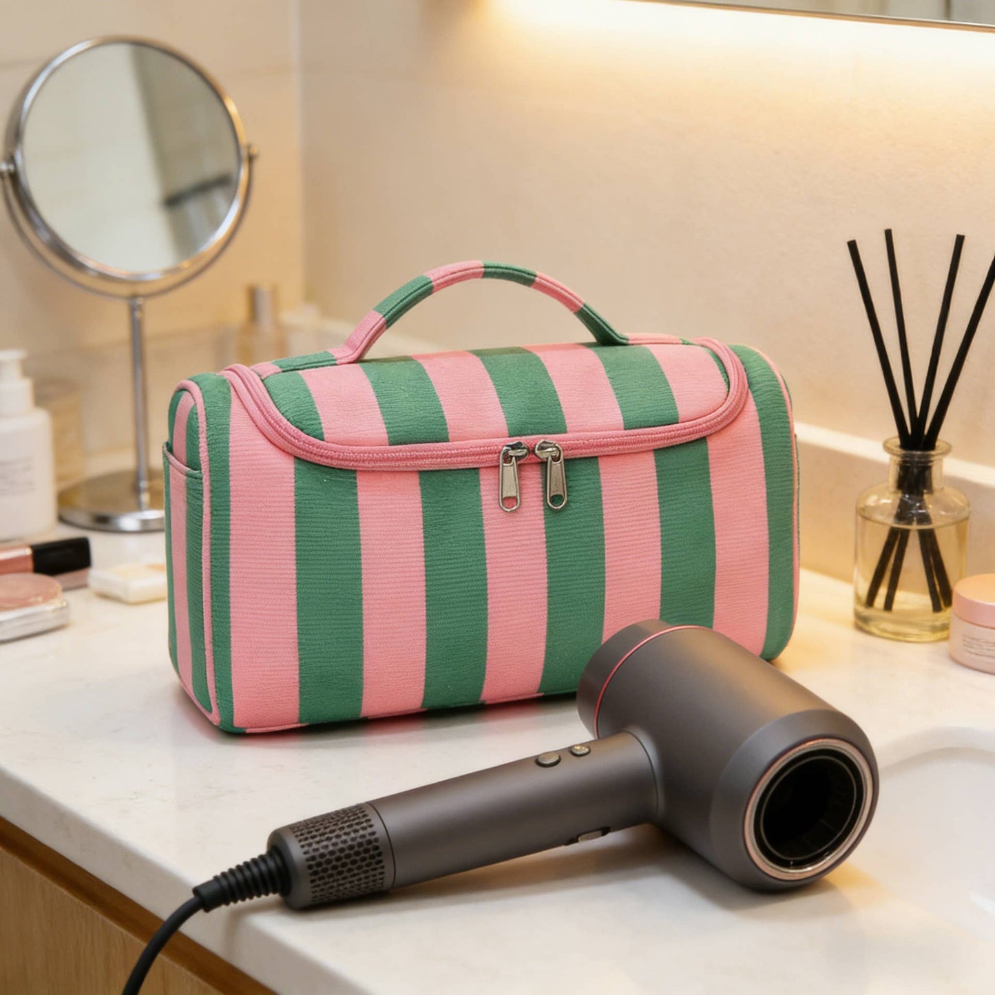 Green Rose Color-block Striped Hair Tool Storage Bag Travel Carry Case