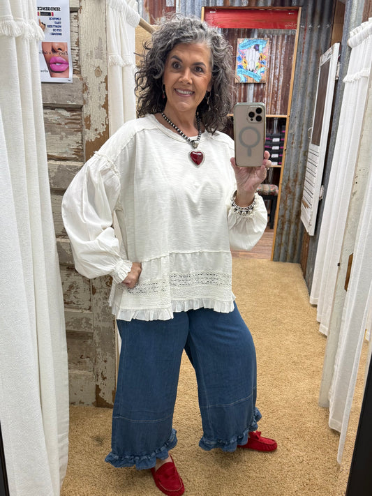 NATURAL LACE MIX RUFFLE BOTTOM WASHED TOP