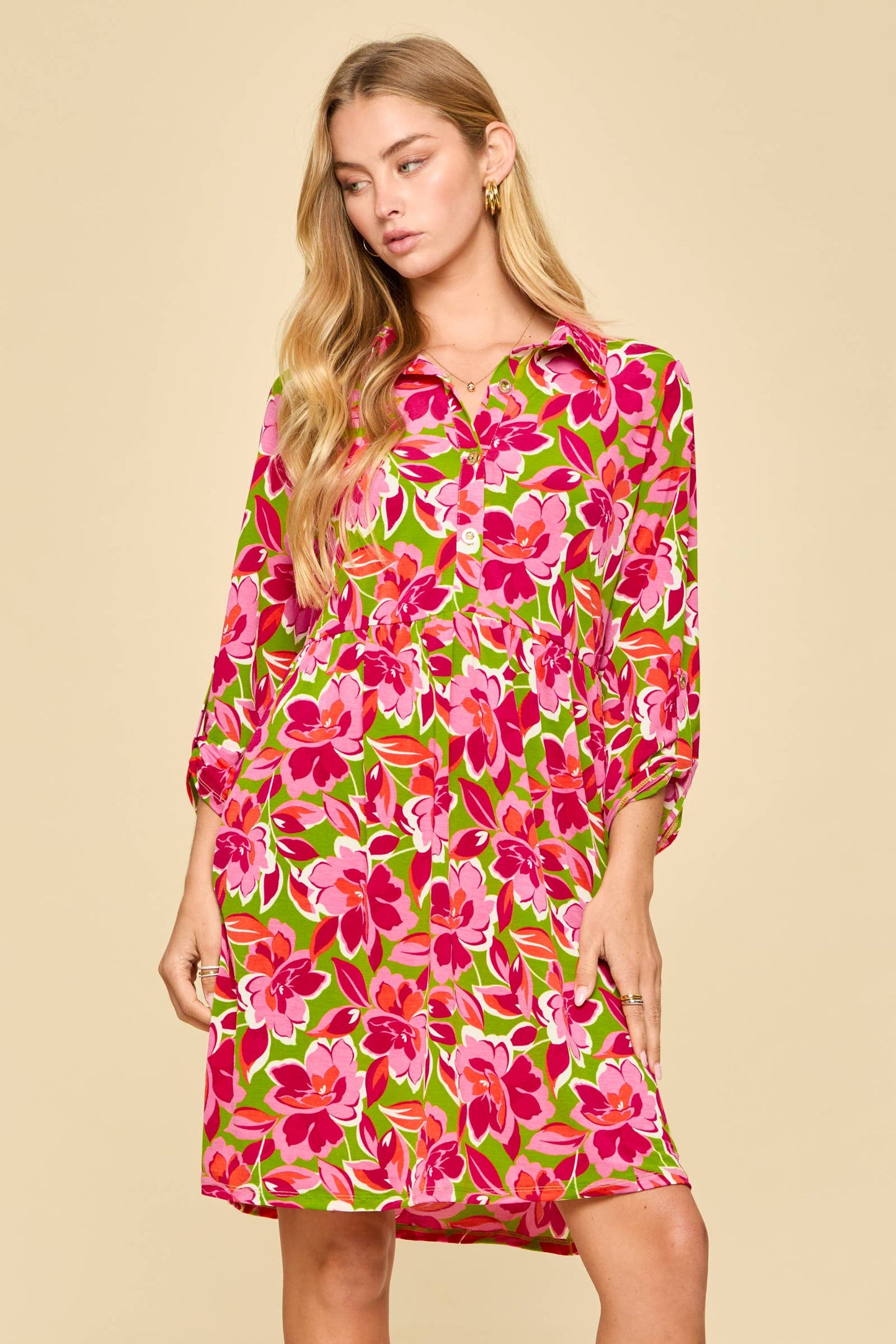 Floral Print Collared Shirt Dress w/ Pockets: LIME PINK