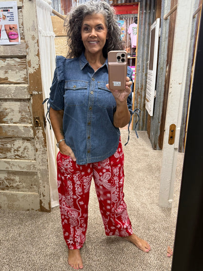 Red Bandana Printed Barrel Fit Utility Knit Pants