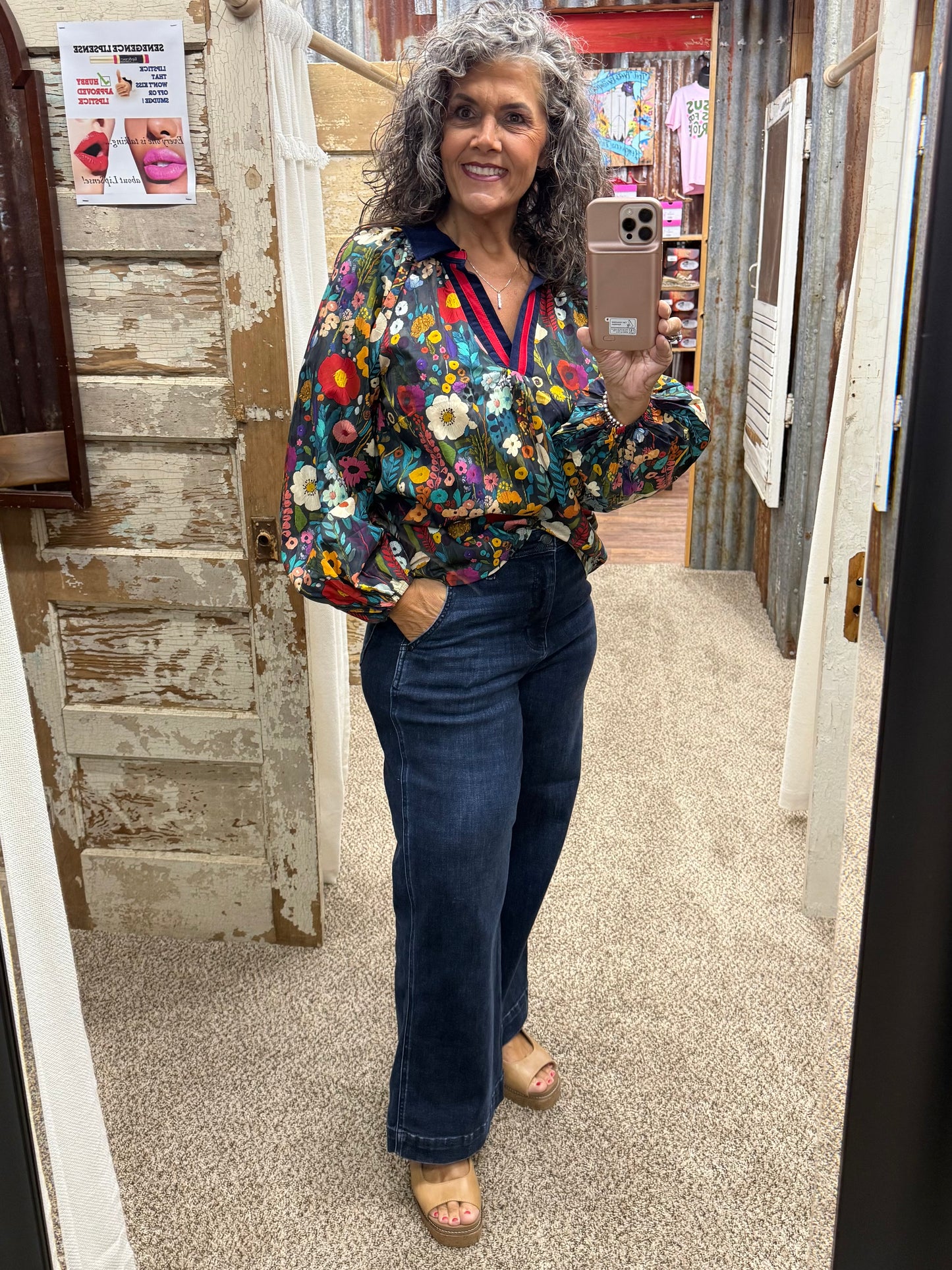 UMGEE Midnight Floral Print Contrast Collar Long Sleeve Blouse