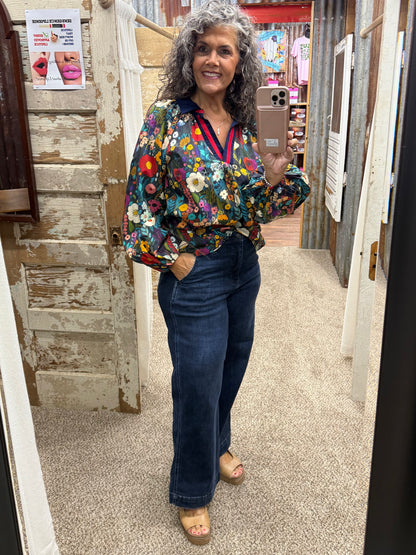 UMGEE Midnight Floral Print Contrast Collar Long Sleeve Blouse