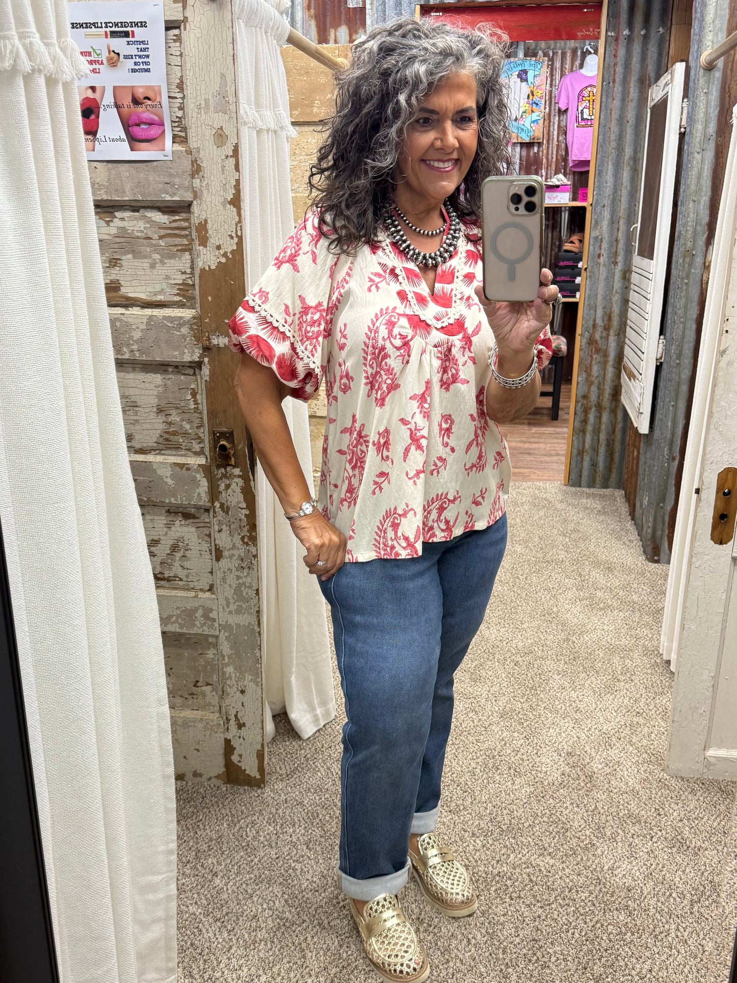 UMGEE Red Boho Print Top with Lace Trim