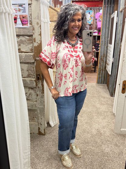 UMGEE Red Boho Print Top with Lace Trim
