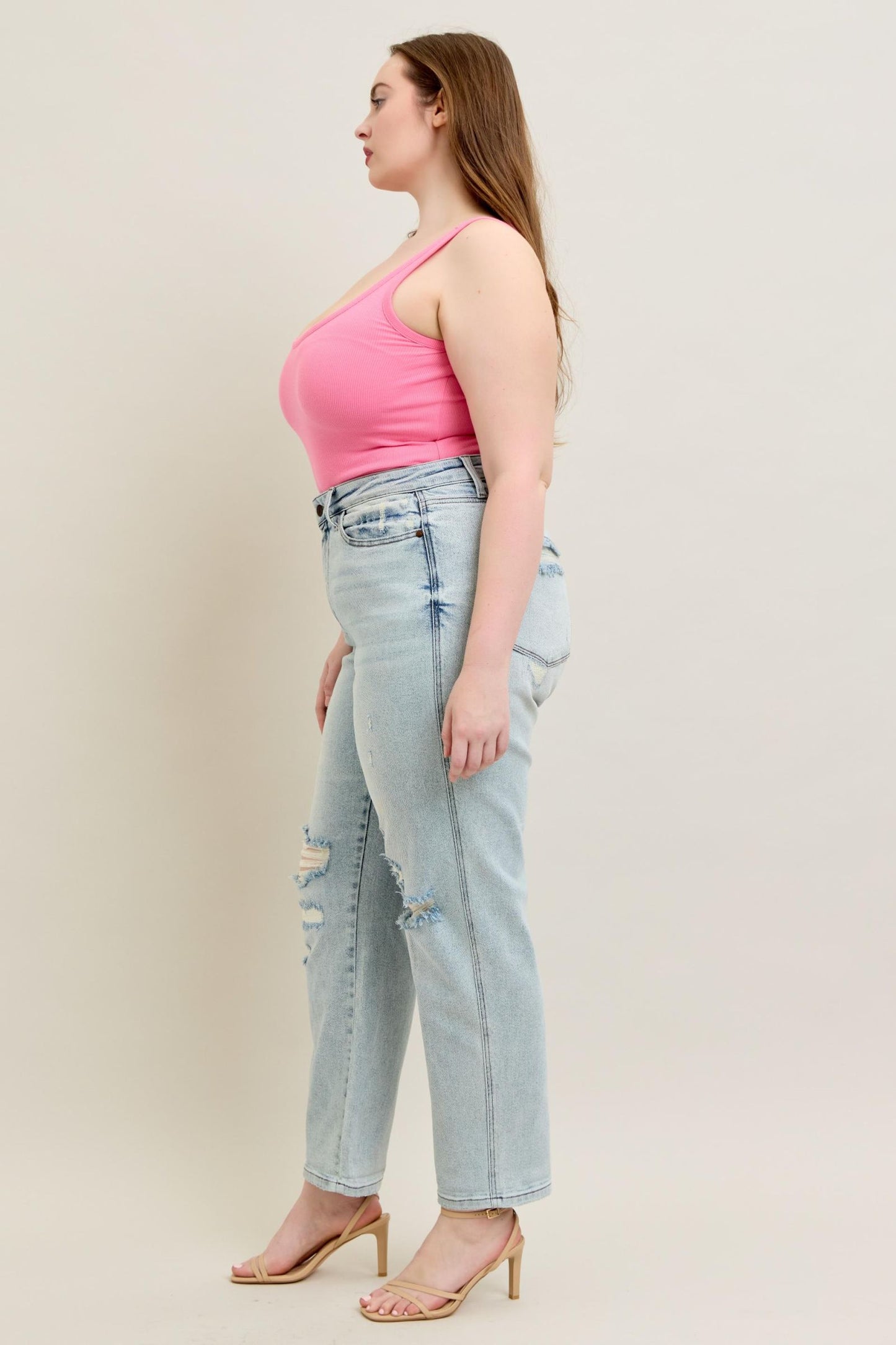 Judy Blue Mid Rise Repair Stitch Detail Destroy Single Cuff Boyfriend Jean 88972