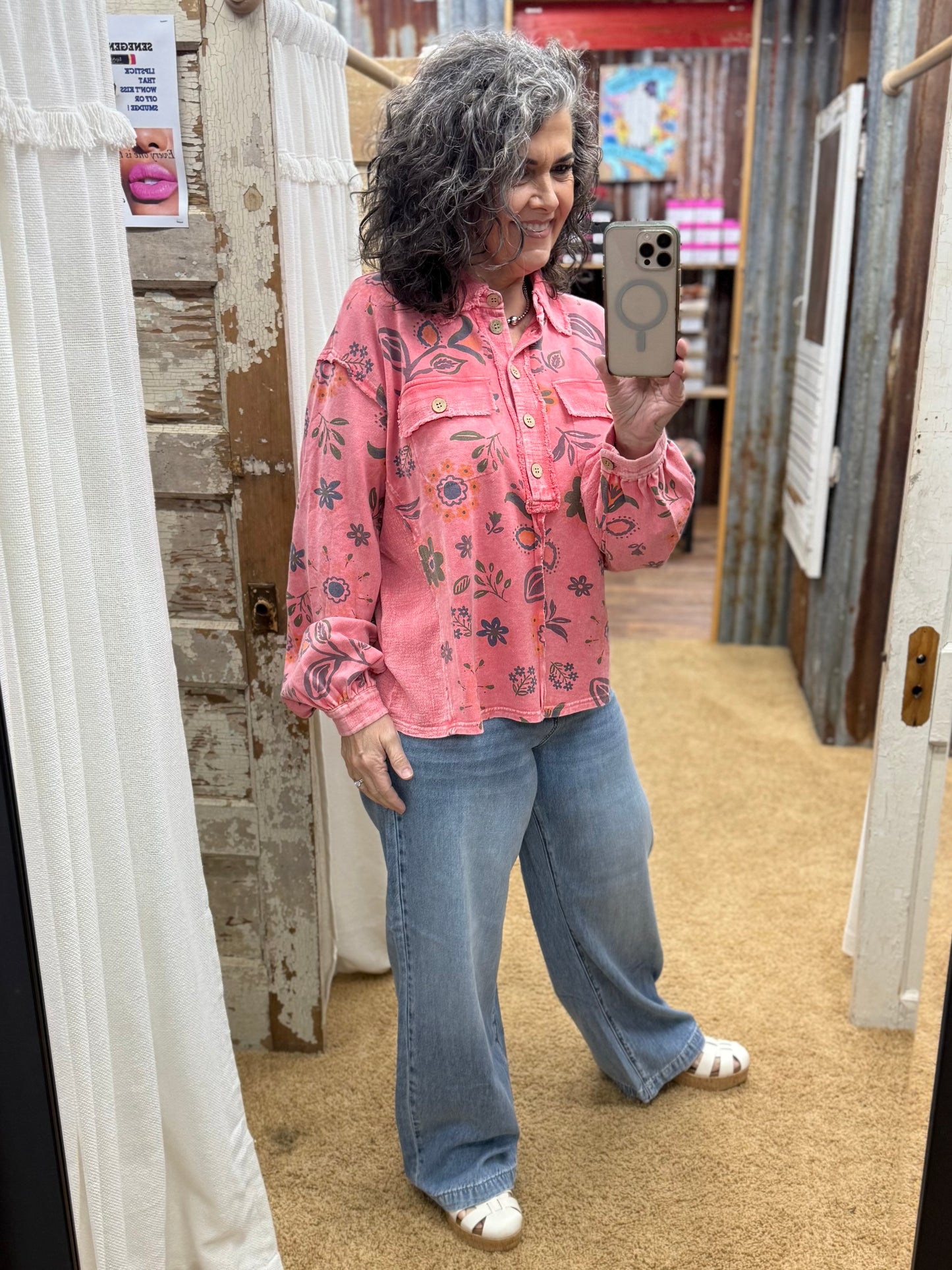 Coral Floral Printed Washed Terry Pullover Shirt