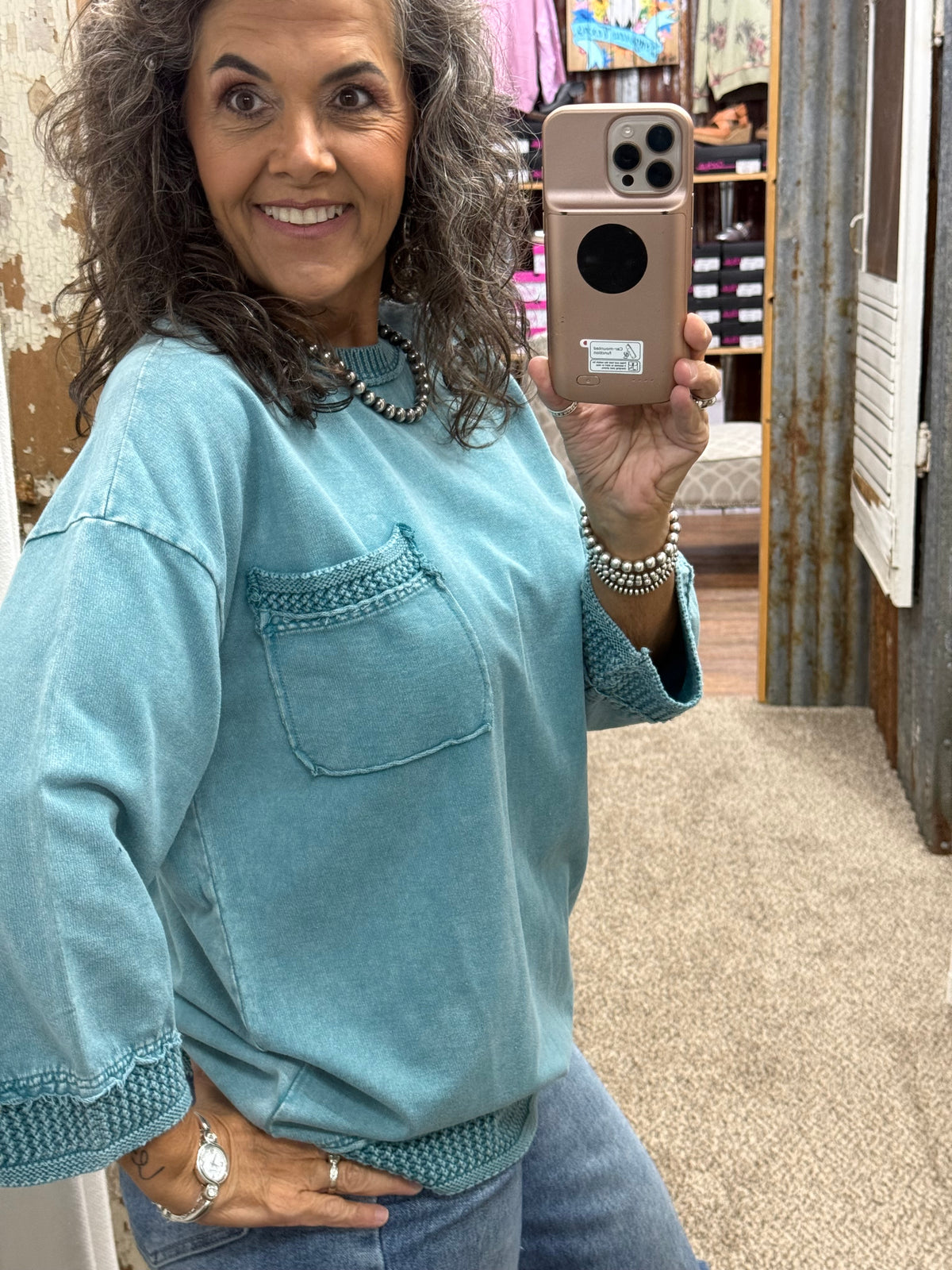 EASEL TEAL MINERAL WASHED BOXY PULLOVER