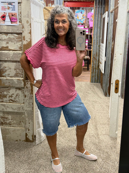 Scallop Trim Stripe Knit Top: PINK STRIPE