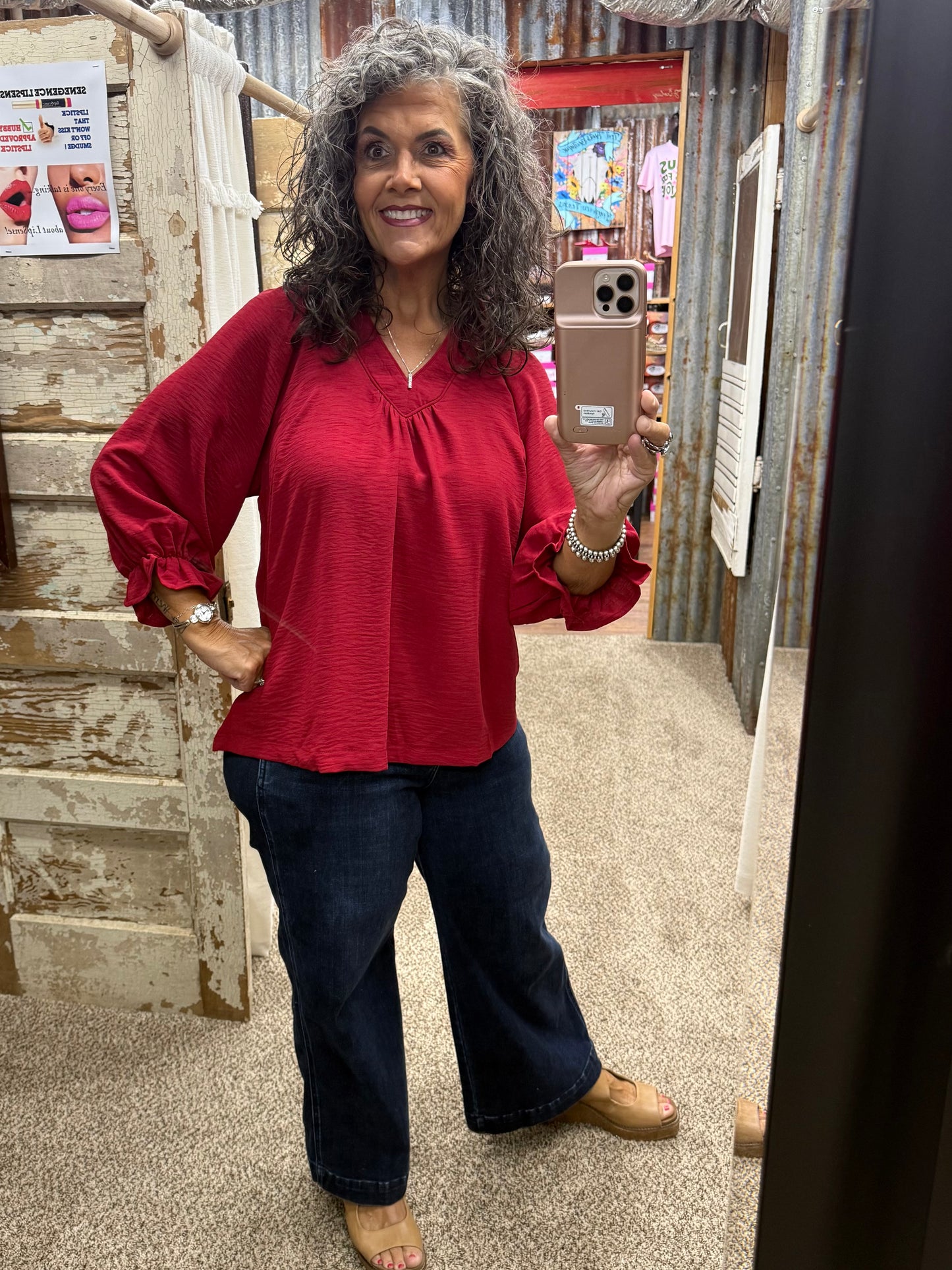 UMGEE Crimson Collared Split V Neck Top