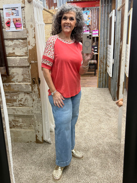 Coral Floral Raglan Sleeve Tee