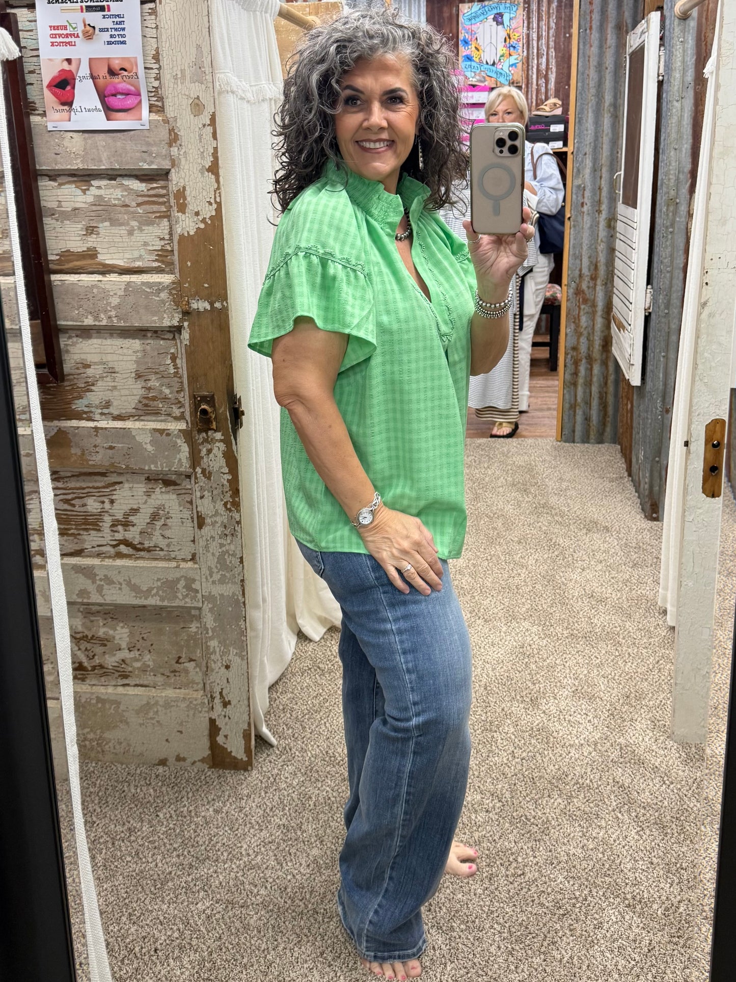 UMGEE Island Green Trim Puff Sleeve Top
