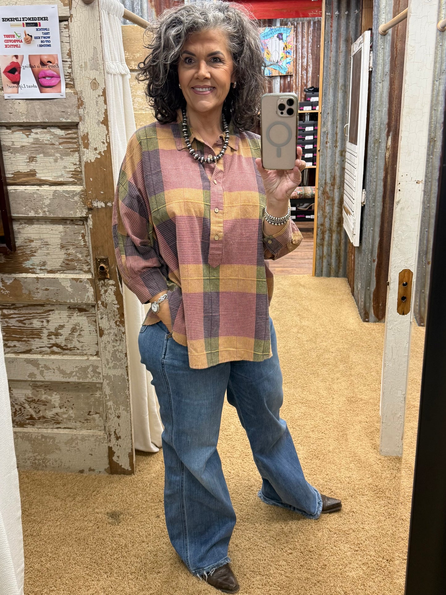 PLAID PATTERNED BUTTON DOWN OVERSIZED SHIRT