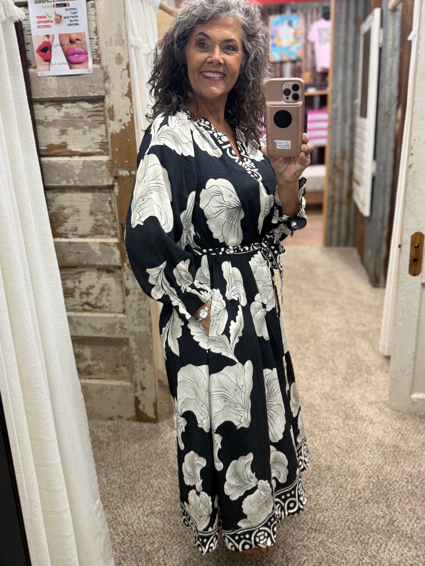 Umgee Black Floral Print Belted Midi Dress