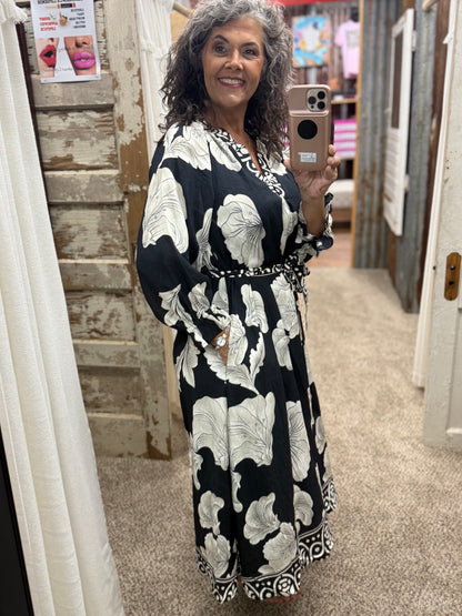 Umgee Black Floral Print Belted Midi Dress