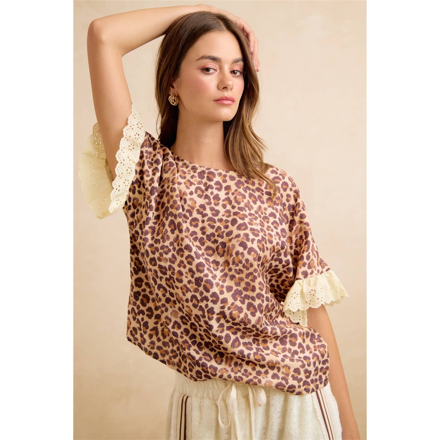 LEOPARD AND EYELET LACE RUFFLED TOP AND SHORTS SET