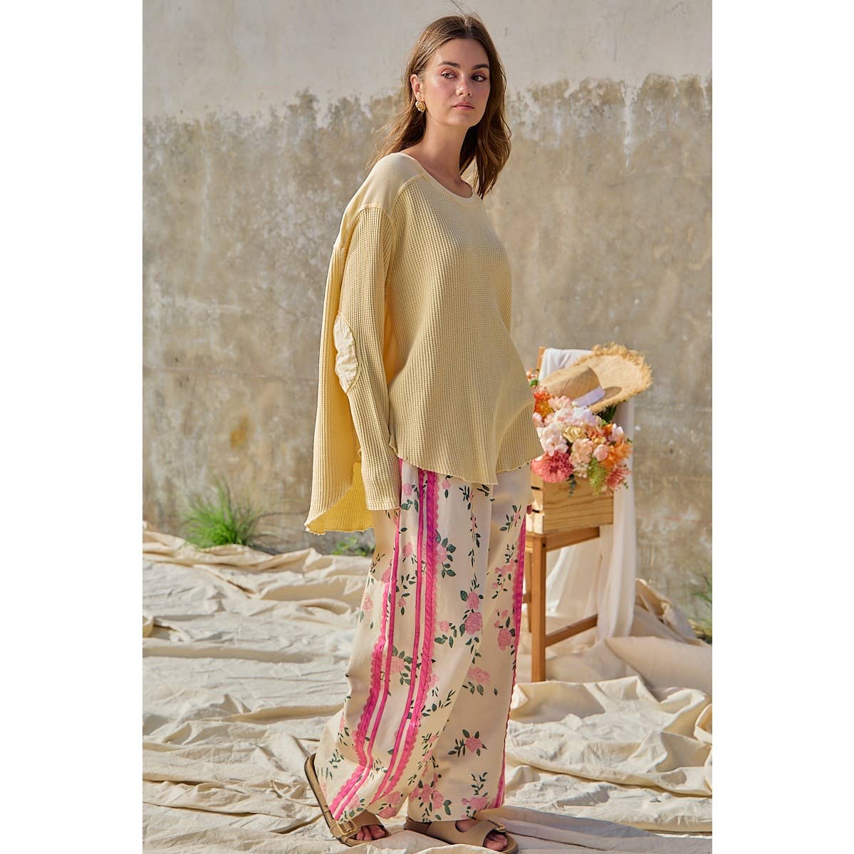 FLOWER PRINTED TWILL SIDE TRIM ELASTIC WAIST PANTS