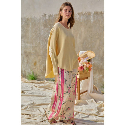 FLOWER PRINTED TWILL SIDE TRIM ELASTIC WAIST PANTS