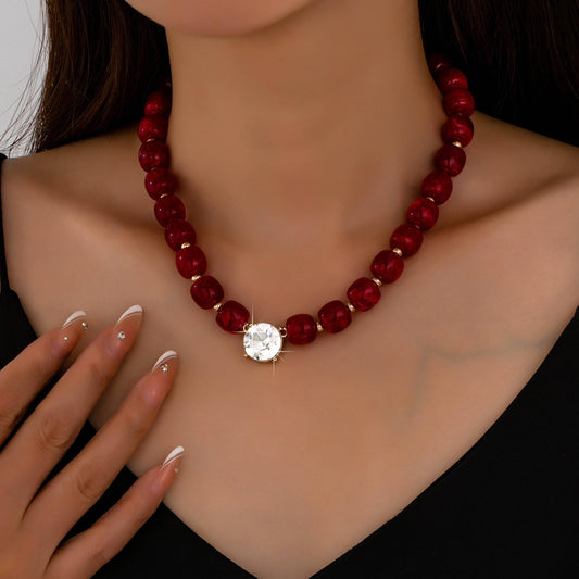 Resin Bead Round Crystal Pendant Necklace | 80N93729: RED