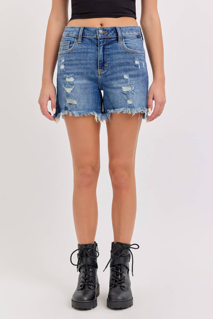 Boyfriend Shorts with Uneven Fray Hem Dark Size Small