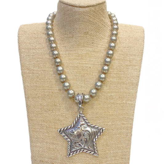 Silver Metal Star Pendant on Faux Navajo Pearl Necklace