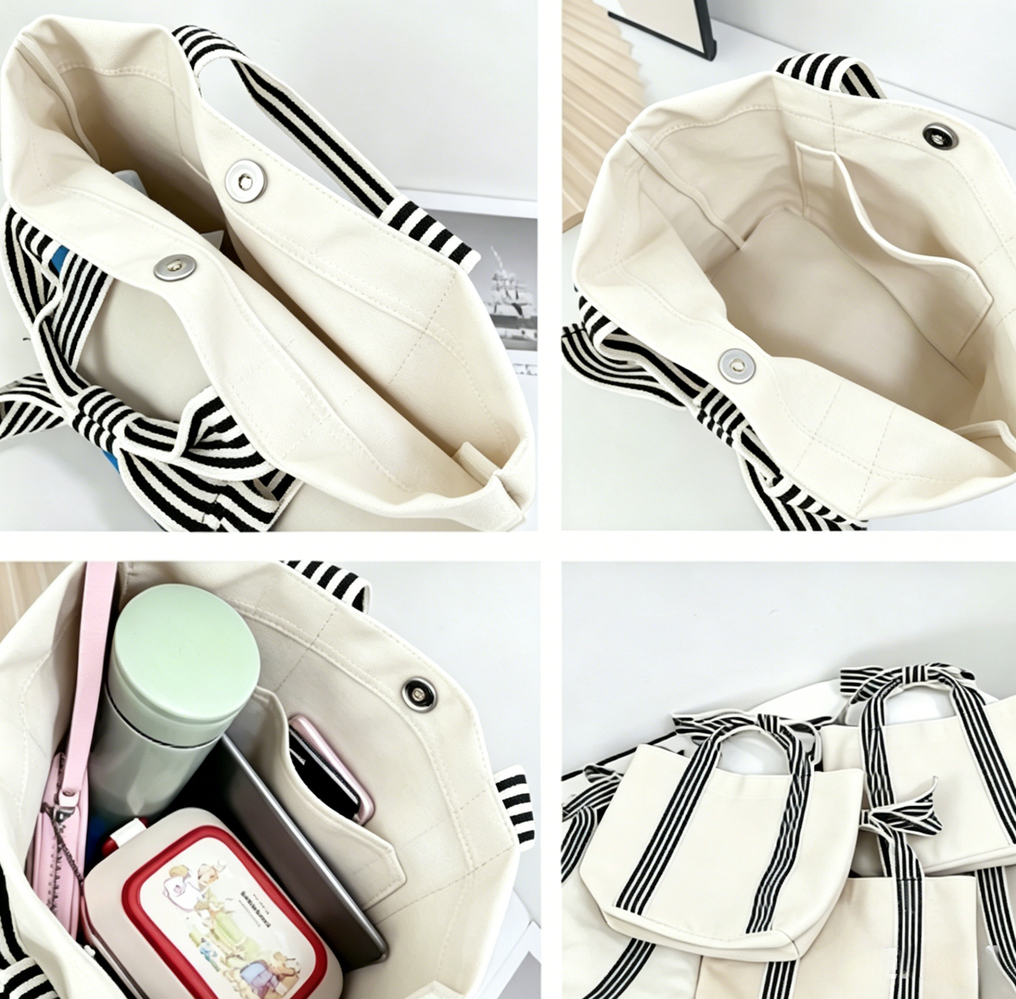Black Mini Striped Tote Bag Beach Bow Handle Bag