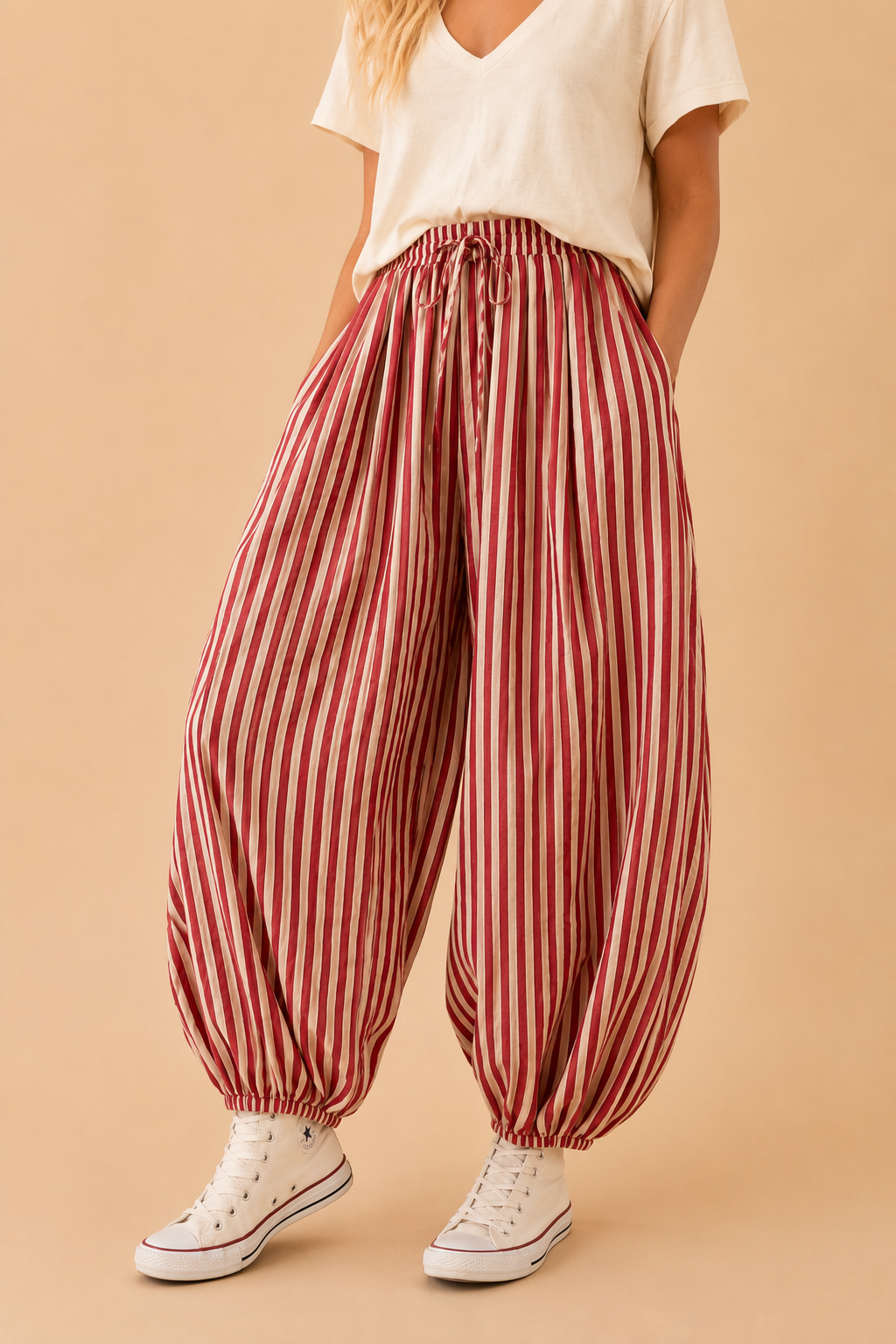 Red Free-Spirited Stripe Balloon Pants