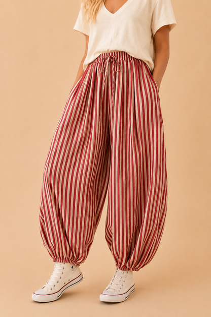 Red Free-Spirited Stripe Balloon Pants