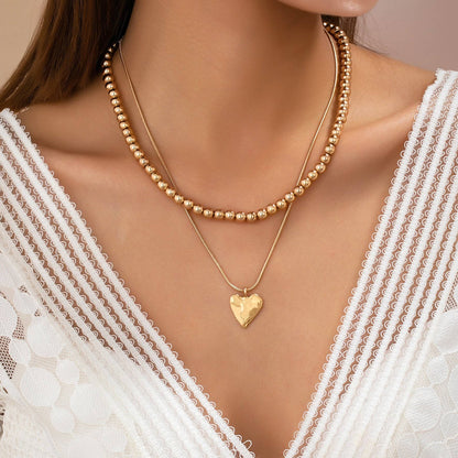 DOUBLE LAYER BALL CHAIN HEART CHARM NECKLACE | 80N92736: GOLD