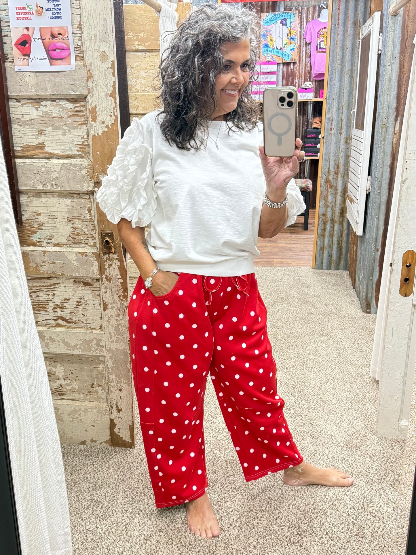 Red / White Polka Dot Heavy Scuba Barrel Lounge Pants