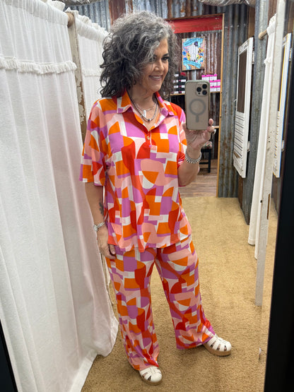 2-Piece Blouse + Relaxed Pants Resort Wear Set