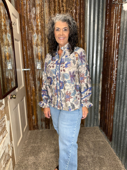 UMGEE Denim Mix Jacquard Floral Lace Trim Button Front Blouse