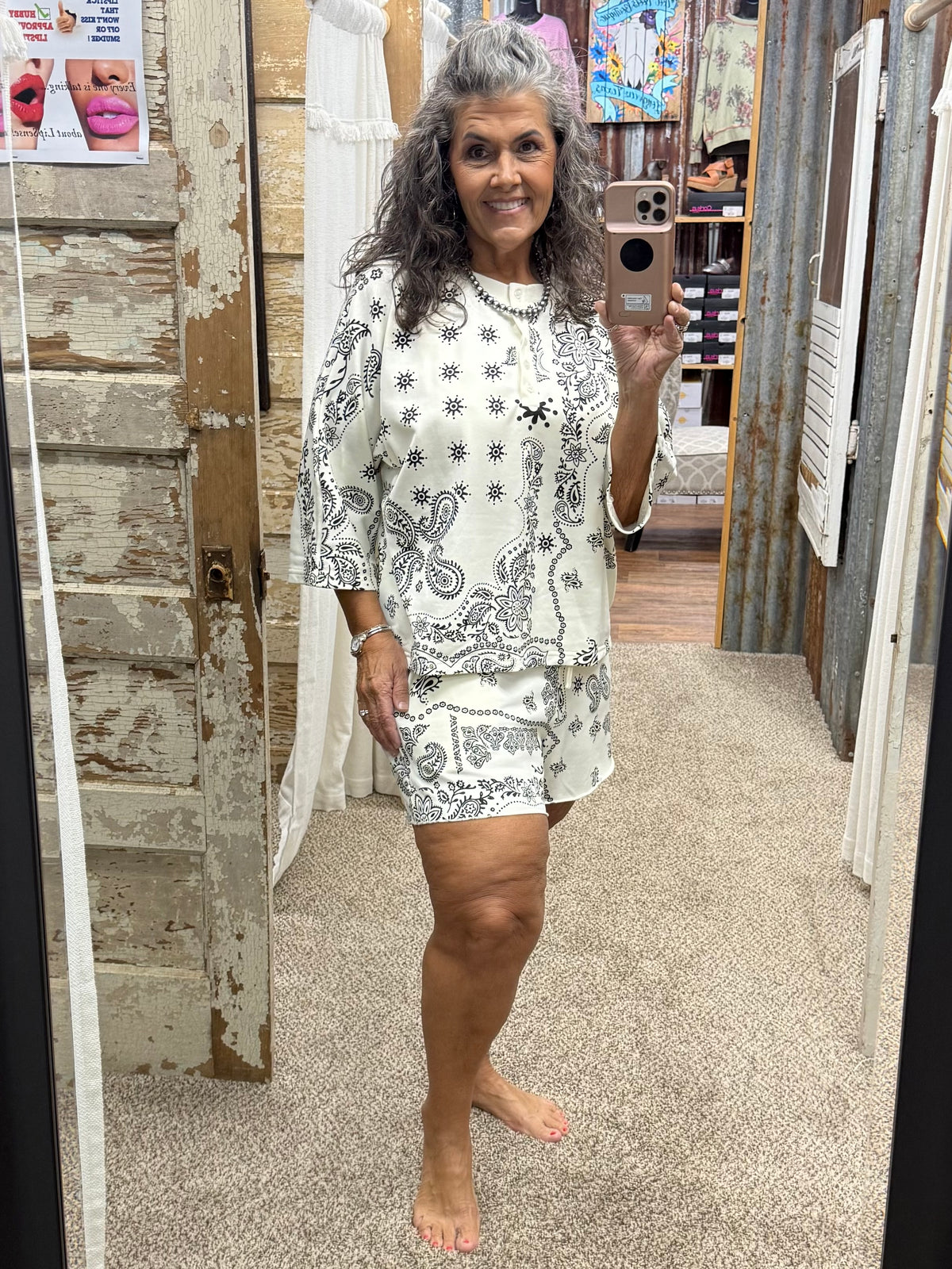 Bandana Printed French Terry Henley Top & Shorts Set