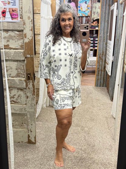 Bandana Printed French Terry Henley Top & Shorts Set