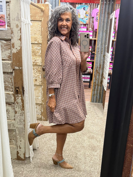 UMGEE Rust Plaid Button Down Oversized Shirt Dress