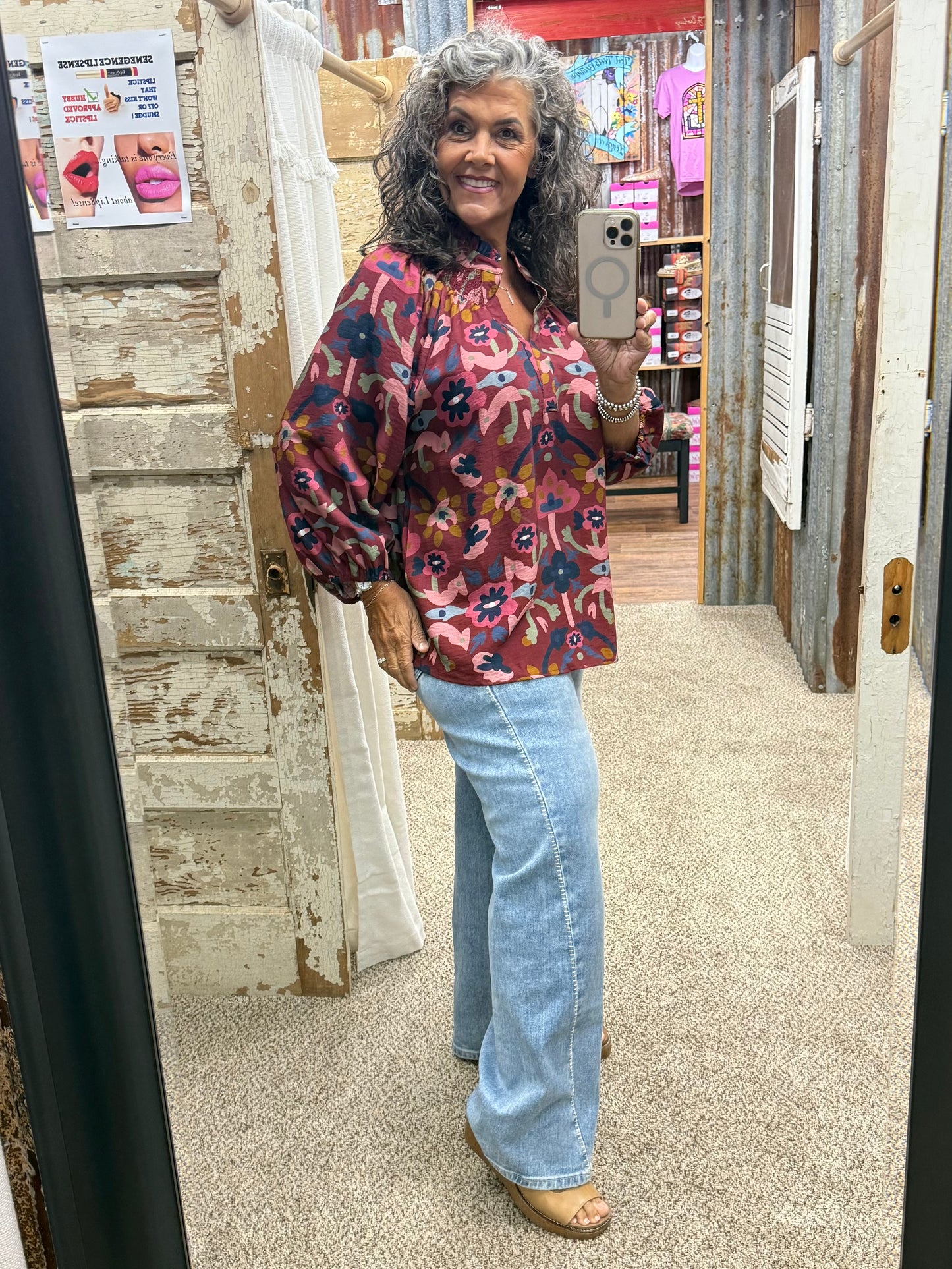 UMGEE Burgundy Floral Print Split Neck Blouse