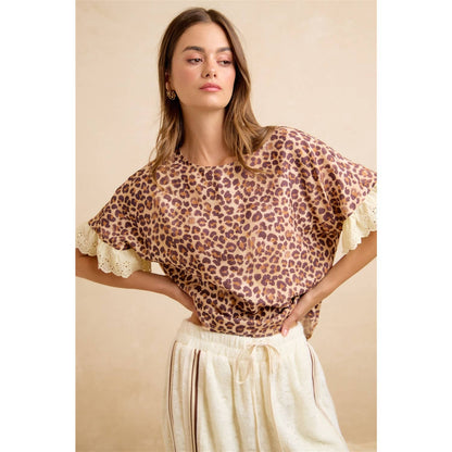 LEOPARD AND EYELET LACE RUFFLED TOP AND SHORTS SET