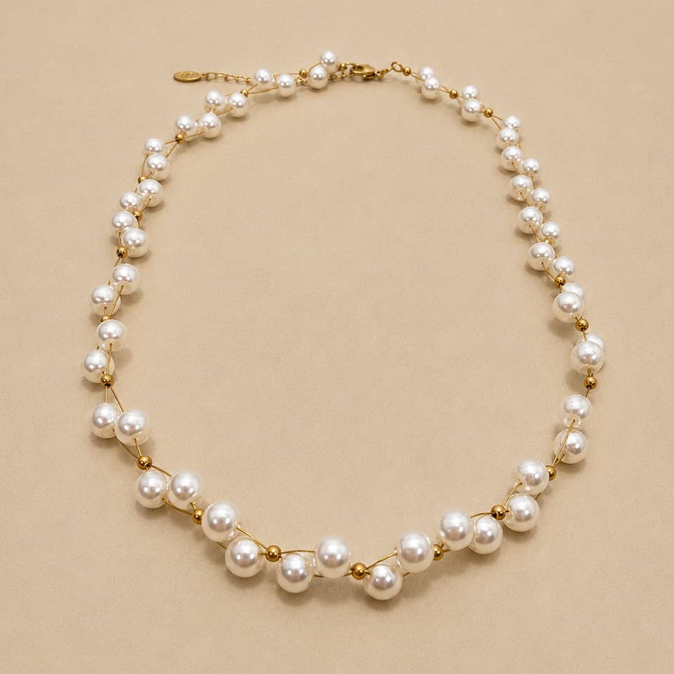 Faux Baroque Pearl & Gold Wire Station Necklace | 40NK9791: GOLD