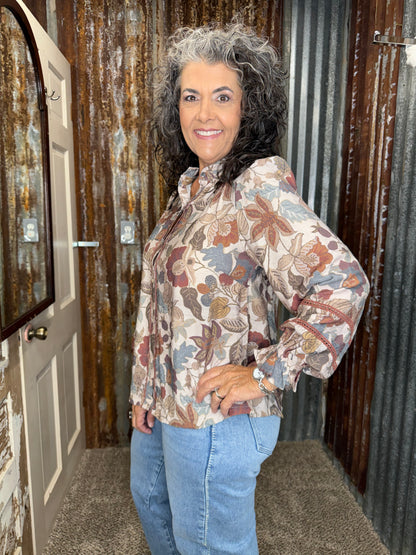 UMGEE Rust Mix Jacquard Floral Lace Trim Button Front Blouse