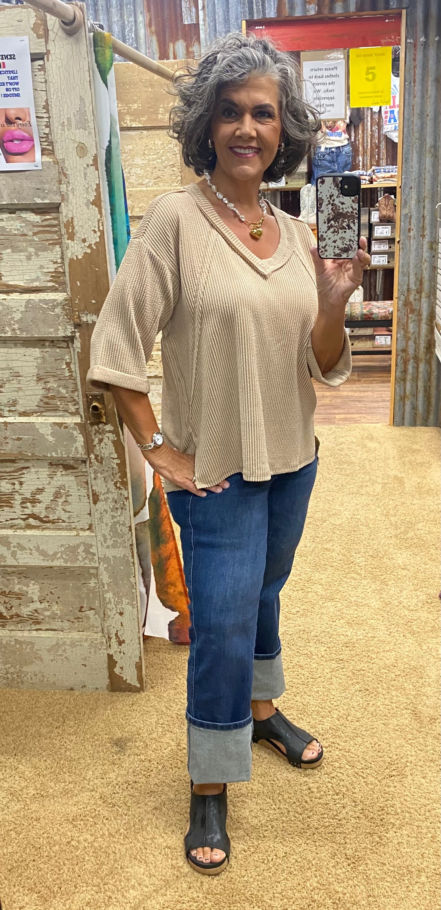 Mocha Ribbed 3/4 Sleeve Top