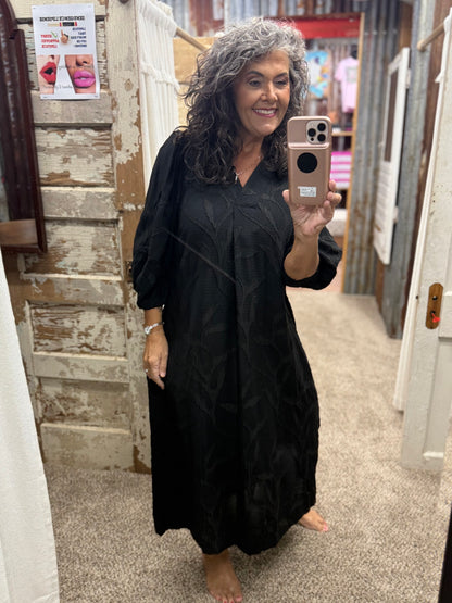 Umgee Black Jacquard Collared Midi Dress